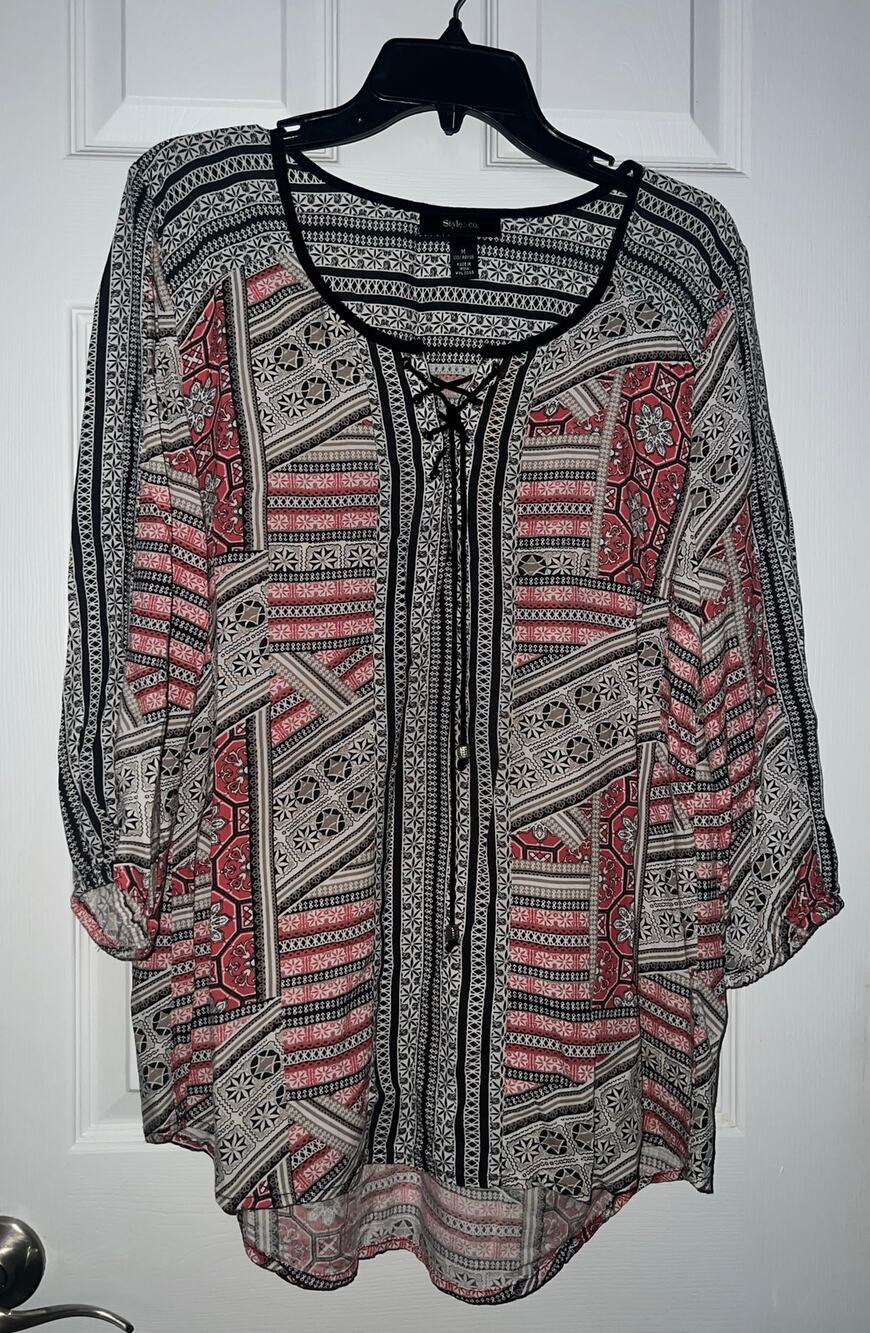 Style & Co Women's Size M Medium Multi-Color Boho Long Sleeve Blouse Top